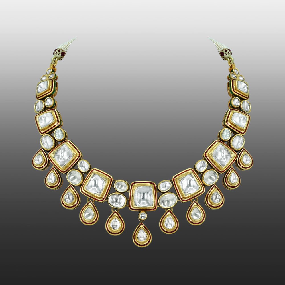 Polki Necklace with Cascading Teardrop and Square Motifs